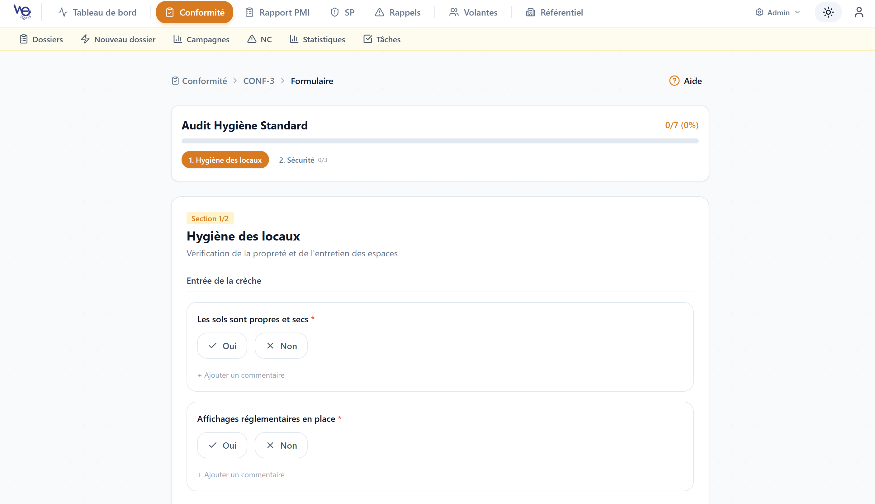 Formulaire d'audit Hygiène Standard en cours de remplissage, section Hygiène des locaux avec questions Oui/Non.