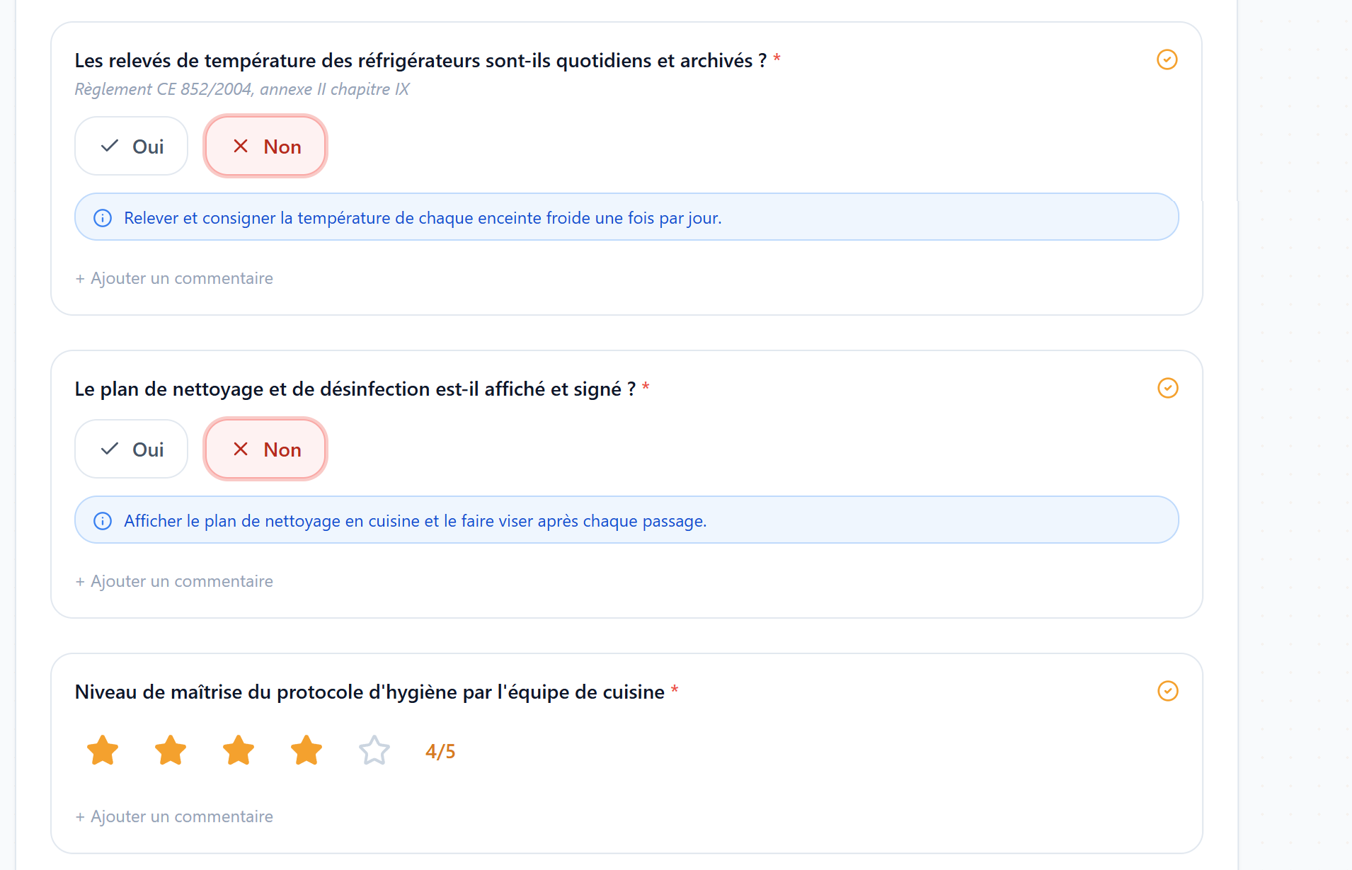 Formulaire d'audit interne en cours de remplissage : deux réponses Non affichent leur consigne corrective (données de démonstration).