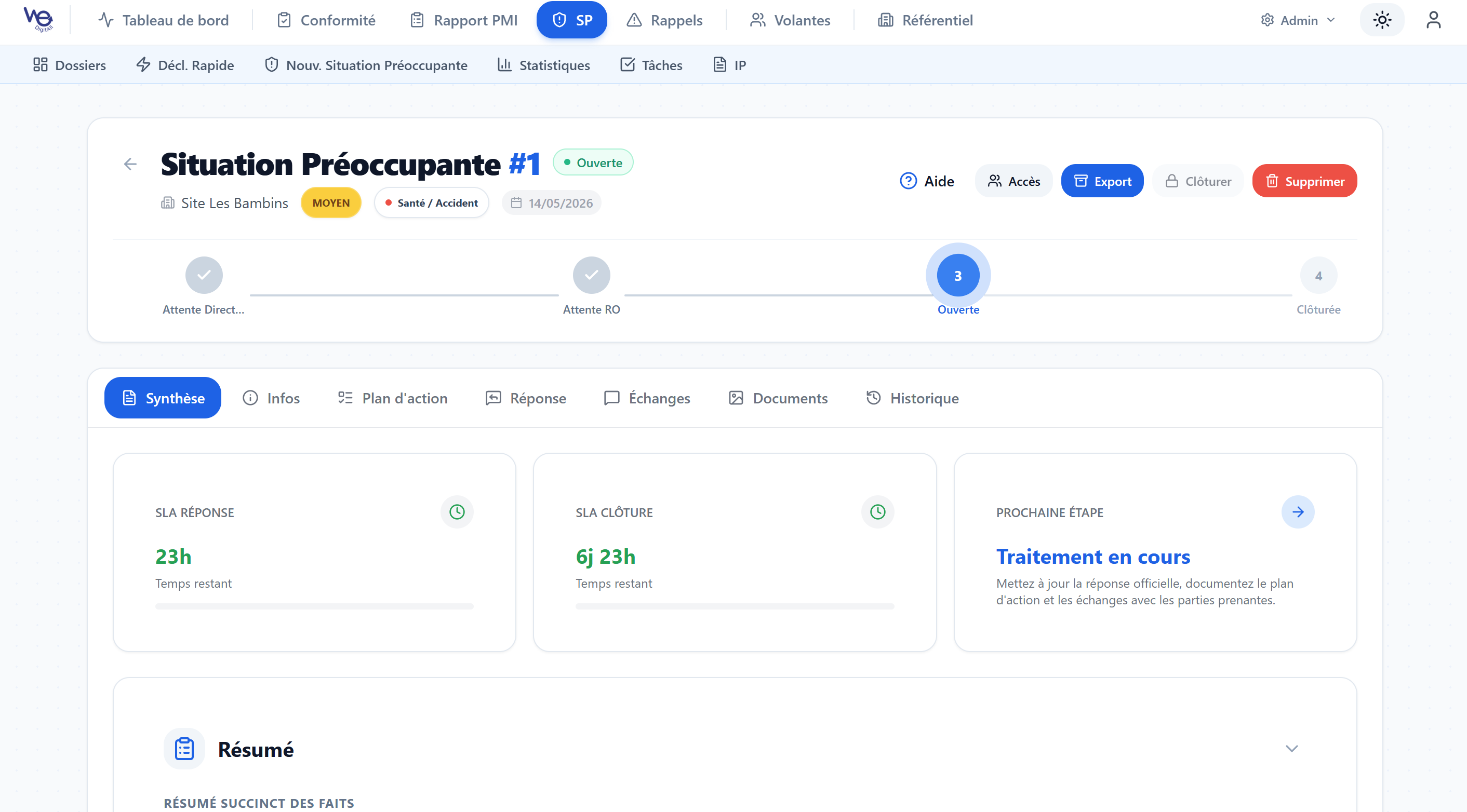 Vue direction listant les incidents par site avec leur niveau de gravité signalé par code couleur.
