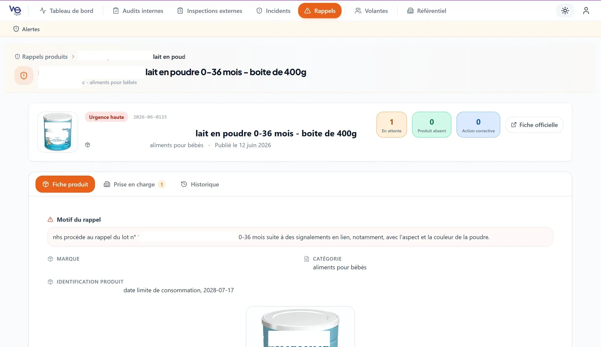 Fiche détail d'une alerte de rappel produit dans la plateforme : motif du rappel, identification du produit et suivi de la prise en charge par site (données de démonstration).